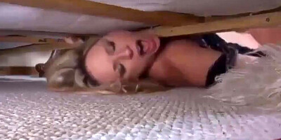 MILF gets stuck under the bed and stepson fucks her
