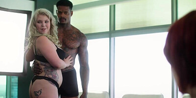 Redhead college babe rides a black stud all the way to the finish line