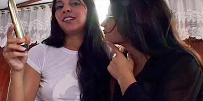 Two busty looking German chicks dildoing and licking each others muff's
