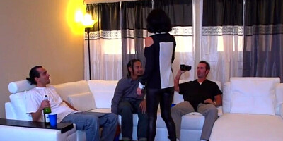 Slutty cougar is surrounded by a couple of cocks that are shooting cum on her face