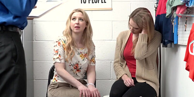 Hardcore sex with a petite shoplifter teen in front of her busty stepmother.