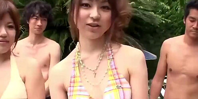 Asian group sex starts with a pool party