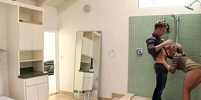 Perfect fit blonde takes up two dicks under the shower