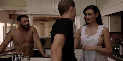 Two beefed bisexual guys and one brunette in kinky MMF 3some