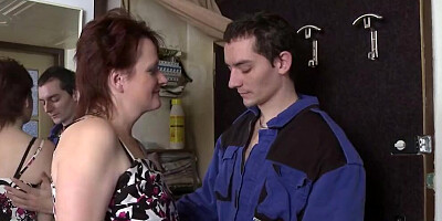 Slutty MILF blows that gardener and rides him in the yard