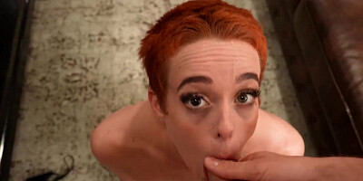 Short-haired ginger cougar Sidra Sage sucks a dick in POV video
