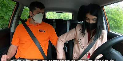 Fake driving school class ends with a young gal riding a stiff cock