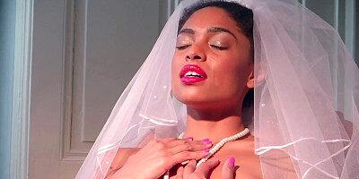 Ebony Bride Wears her Veil while she Fucks herself with a Bottle