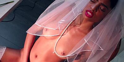 Ebony Bride Wears her Veil while she Fucks herself with a Bottle