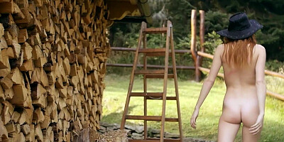 Small titted redhead Russian naked babe Kate Great chopping wood outdoor