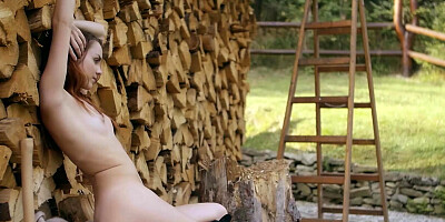 Small titted redhead Russian naked babe Kate Great chopping wood outdoor
