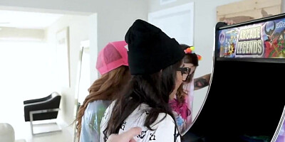 Three big ass teen chicks are taking turns on a swollen schlong