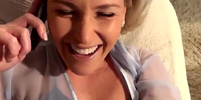 Cheating wife talks with her husband over the phone while being fucked