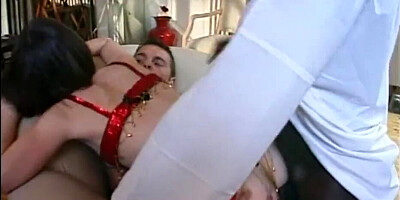 Naughty chick gets double penetrated in a hardcore interracial 3some