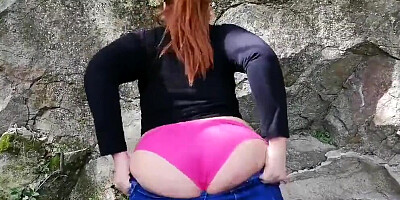 Horny lad pulls chubby woman's panties aside to fuck her from behind