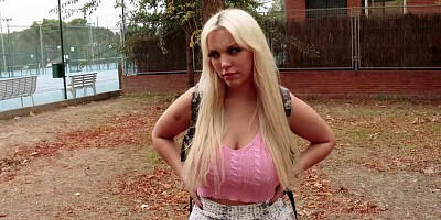 Busty blonde MILF Blondie Fesser flashes her big boobs outside