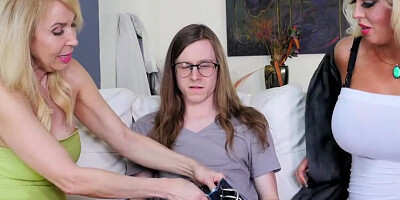 Skinny nerd fucks two slutty moms Erica Lauren and Alura Jenson