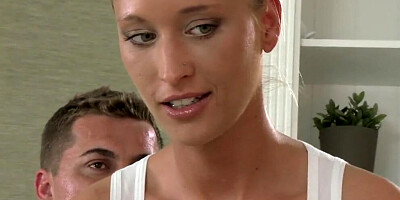 Pleasing blonde masseuse as drenched in oil for an MMF threesome