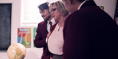 Cougar teacher Dee Williams is surrounded by young cocks that need sucking