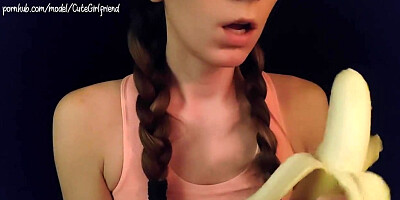 Baby Girl gives Banana Blowjob ASMR Sucking and Moaning