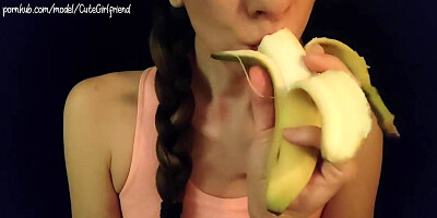 Baby Girl gives Banana Blowjob ASMR Sucking and Moaning