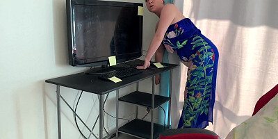 Stepmom gets stuck in a desk and stepson fucks her
