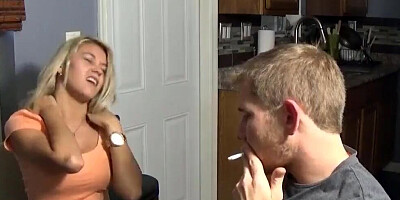 Slutty blonde cougar is being filmed while fucking with stepson