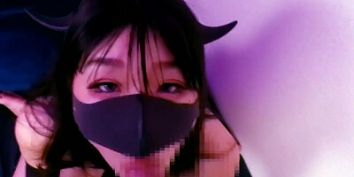 Masked Asian girl polishes a cock and rides it cowgirl style