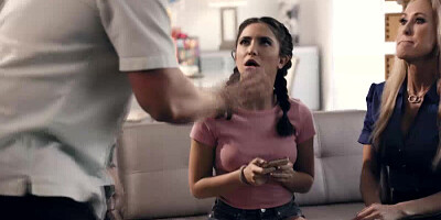 Daddy bangs cougar mommy while a cute teen girl is watching them