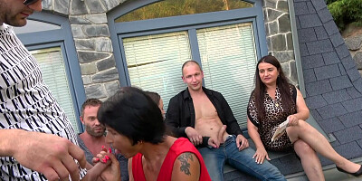 Cock-hungry mature woman is giving blowjobs to some horny neighbors