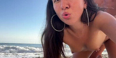 Sex with a beauty on a public beach, facial