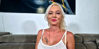 Gorgeous blonde woman is talking as foreplay for the action