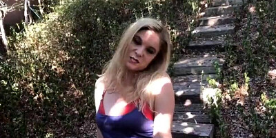 Naughty blonde mom is getting fucked and swallows cum outdoors