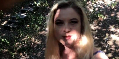 Naughty blonde mom is getting fucked and swallows cum outdoors
