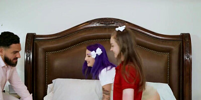 Two slutty teen girls are viciously pussy pumped in a foursome