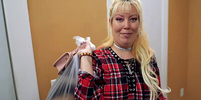 Naughty mom teases on the couch before taking some firm cock