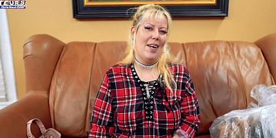 Naughty mom teases on the couch before taking some firm cock