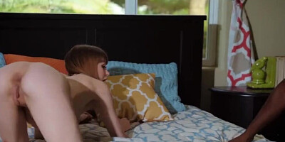 Pale ginger babe takes one of the biggest black dongs in her mouth and pussy