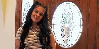 Cute teen brunette Latina in pigtails sucking and fucking her young lover in POV