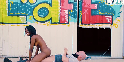 Ebony teen babe is riding stranger's cock out in the open