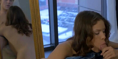 Brunette girl gives a hot blowjob to a blonde boy before having sex