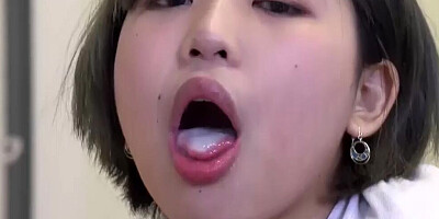 Asian sweetheart is giving a blowjob in a car and getting a mouthful of cum