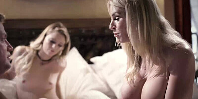 Perverted old man is making two blonde girls have a threesome with him