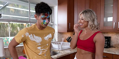 Horny lad spanks his stepmom while fucking her in the kitchen