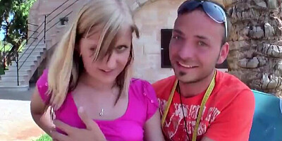 Chubby blonde is fucked in the yard by a horny neighbor