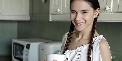 Barely Legal Brunette Bends Over Shows Tight Pussy