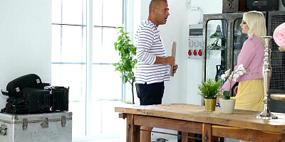 Gold-haired sweetheart is treating her male partner with a rimjob