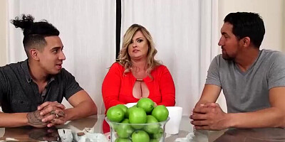 Chubby MILF is fucked in face and pussy by two hung guys