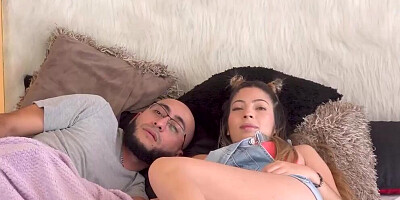 Cute doll is cuddling with her college mates in a 3some