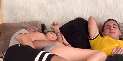 Cute doll is cuddling with her college mates in a 3some
